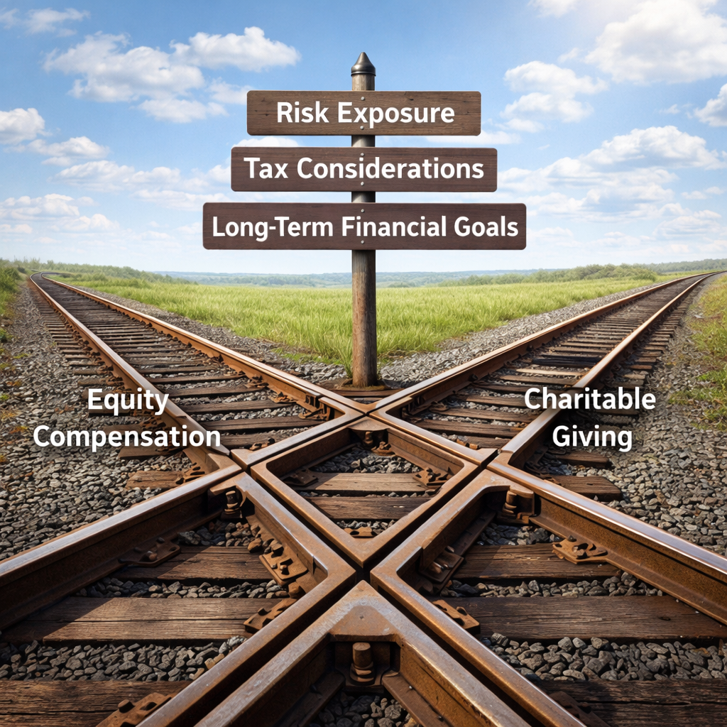 Rustic railroad tracks merging at a junction symbolizing Charitable Planning with Employer Stock, with signposts for risk exposure, tax considerations, and long-term financial goals.