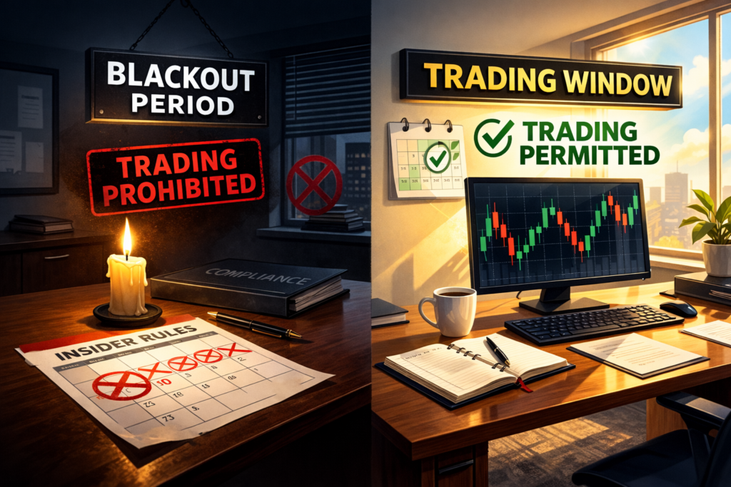 Cartoon-style illustration contrasting a dark “Blackout Period” with candlelight and “Trading Prohibited” signage beside a bright “Trading Window” with neutral candlestick chart and “Trading Permitted,” symbolizing how trading windows and financial planning are shaped by insider restrictions and compliance timing.