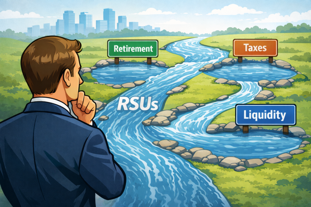 Cartoon-style illustration of a corporate executive analyzing RSU planning strategy, with a river labeled “RSUs” branching into pools labeled Retirement, Taxes, Diversification, and Liquidity, representing financial planning decisions for equity compensation.