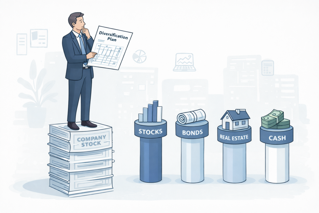 Executive reviewing diversification plan while standing on company stock, with pillars representing stocks, bonds, real estate, and cash for equity compensation diversification.