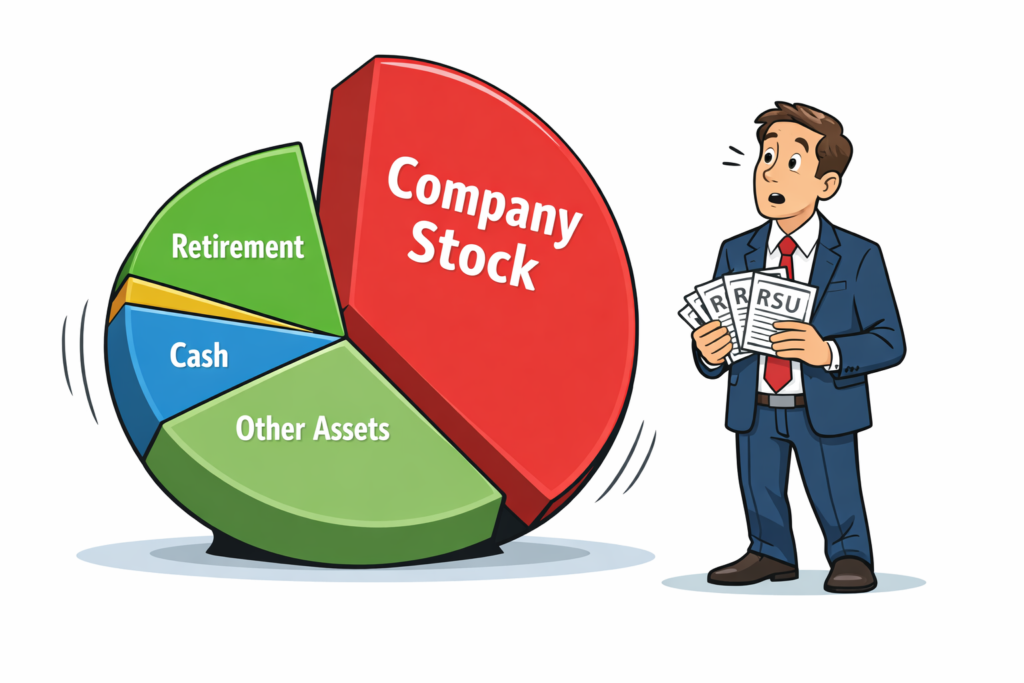 Cartoon of executive next to portfolio pie chart dominated by company stock illustrating the question how much portfolio should be one stock