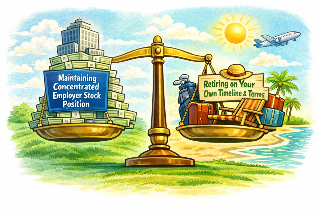 Cartoon illustration of a balance scale comparing maintaining a concentrated employer stock position with retiring on your own timeline and terms, symbolizing executive retirement timing and concentrated stock risk.