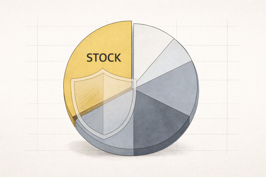 protecting concentrated stock visual showing pie chart allocation with shield symbol representing downside risk management and hedging strategies