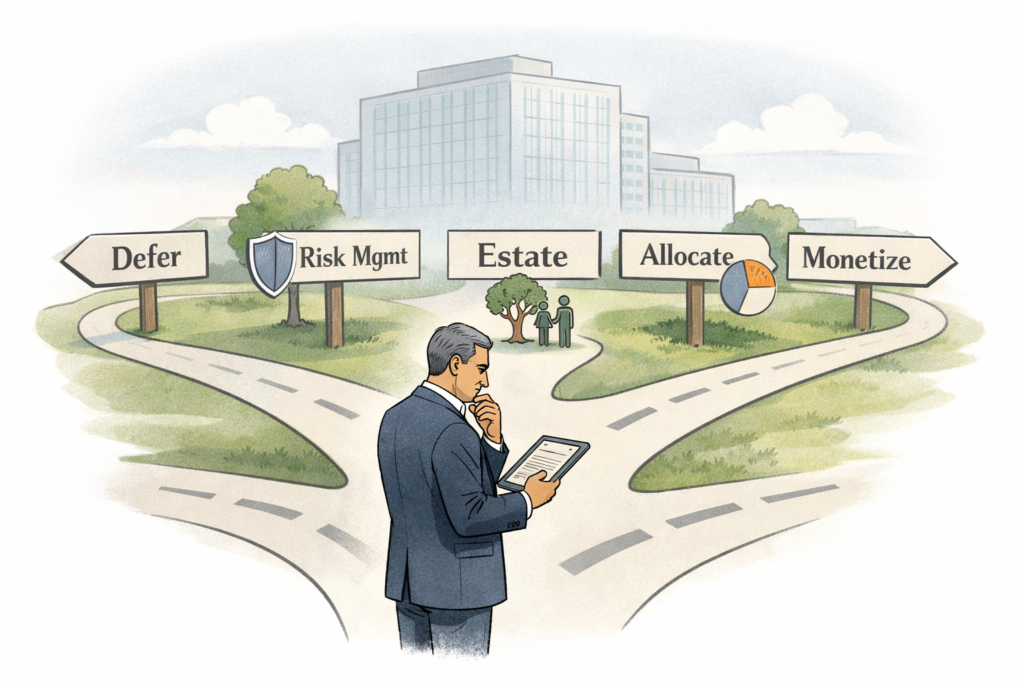 Senior executive reviewing a tablet at a five-way crossroads labeled Defer, Risk Mgmt, Estate, Allocate, and Monetize, illustrating strategies to diversify concentrated stock