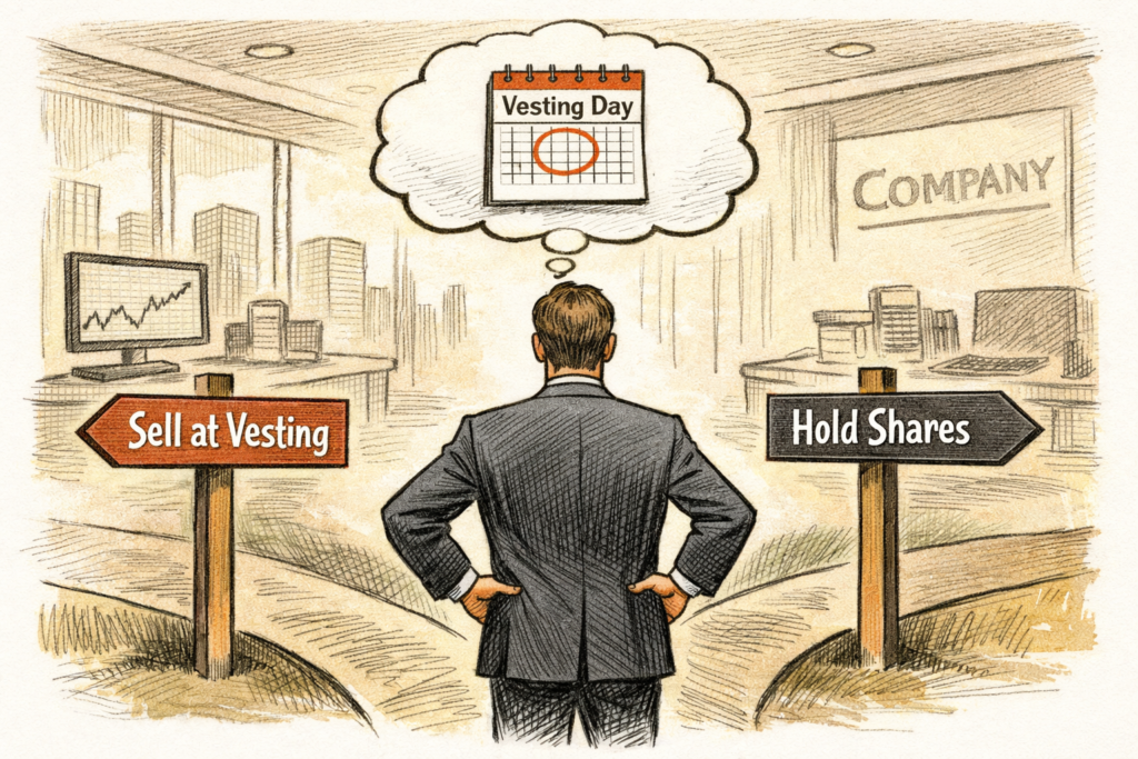Illustration of executive choosing between selling at vesting or holding shares, wheighing decisin of what to do with Vested RSUs