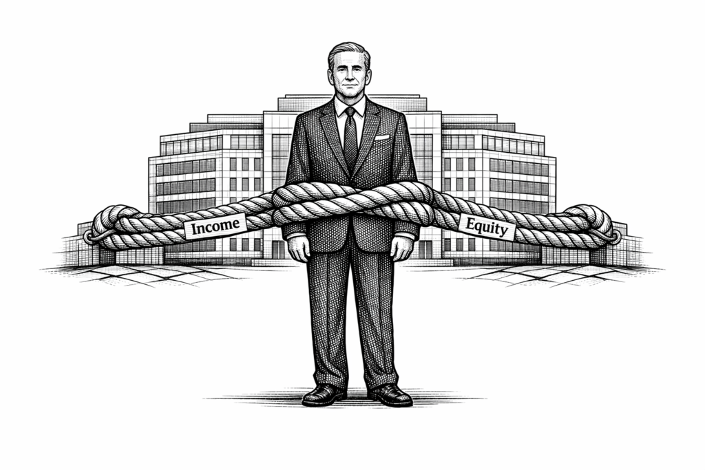 illustration of a corporate executive tied by ropes labeled income and equity to an employer building, symbolizing concentrated stock risk and income concentration.