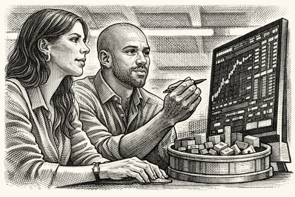 illustration of two professionals analyzing financial charts on a monitor, representing an exchange fund strategy for diversifying concentrated stock positions