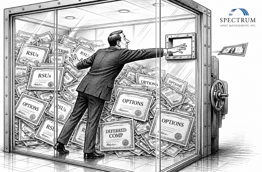Executive liquidity from concentrated stock illustrated by executive inside vault of RSUs and stock options reaching for cash