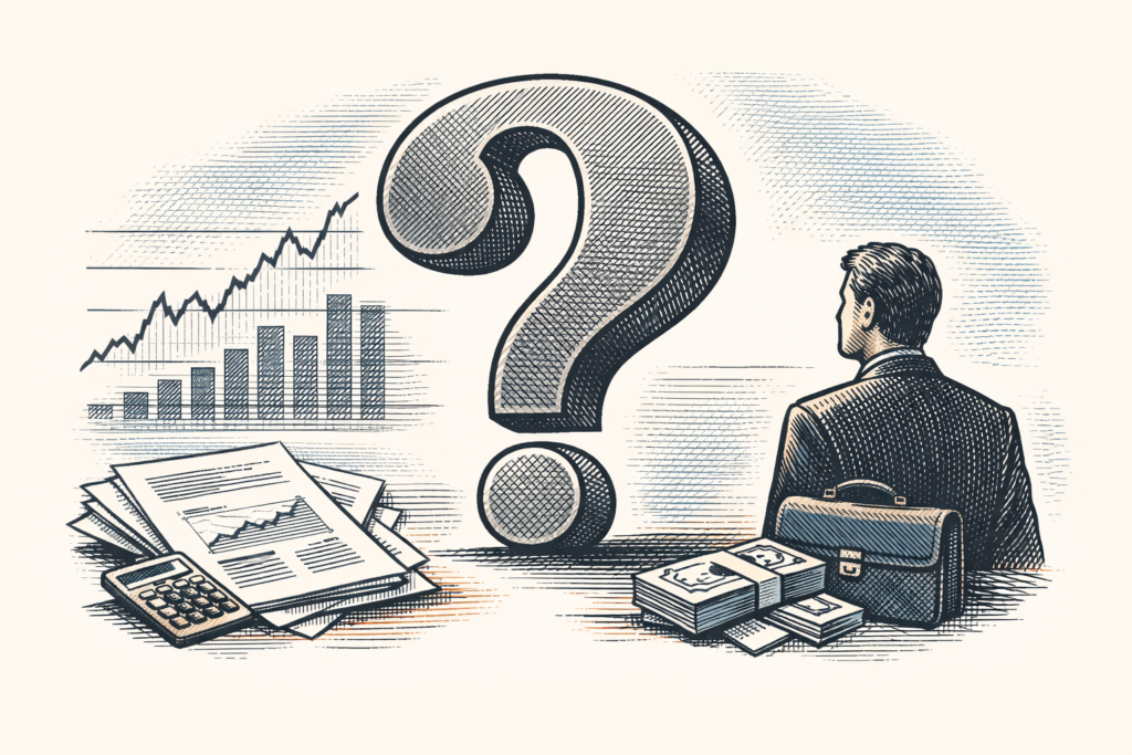 illustration of a large question mark surrounded by financial charts and executive imagery, representing key decisions in concentrated stock planning