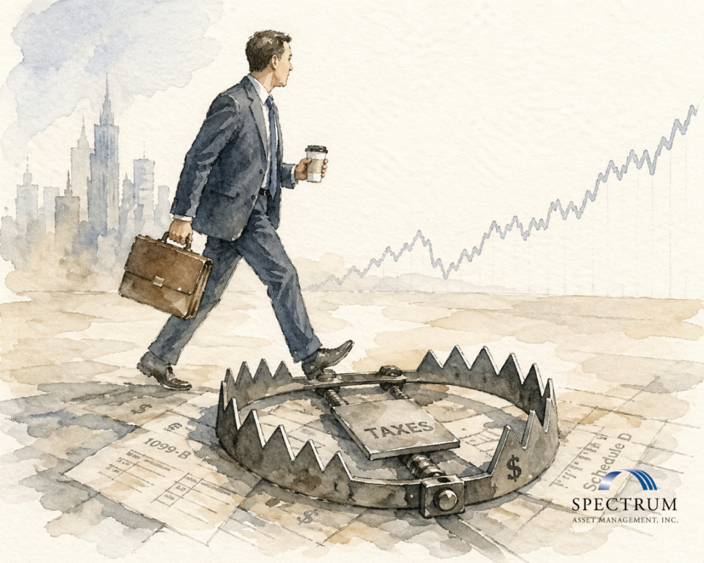 Executive stepping into hidden tax trap illustration, symbolizing tax planning concentrated stock decisions and risks of waiting for higher stock prices