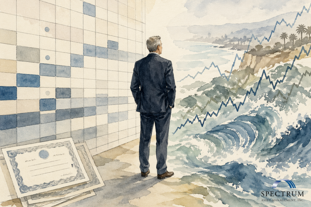 Watercolor illustration of an executive facing a structured vesting grid and volatile coastal market waves, representing vesting schedule timing risk in equity compensation planning