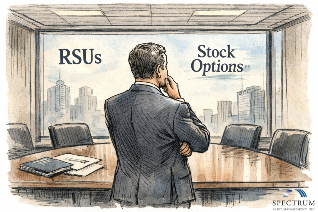 Senior executive in boardroom thoughtfully comparing RSUs and stock options, illustrating planning complexity in equity compensation decisions