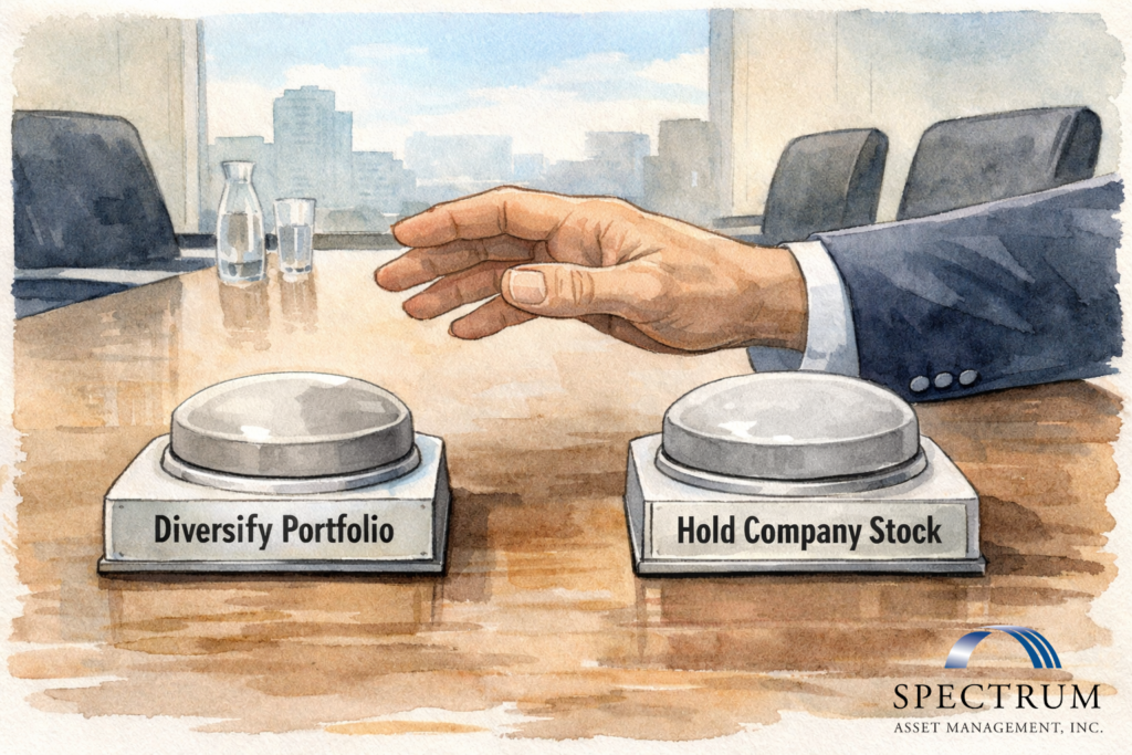illustration of an executive’s hand hovering between two neutral buttons labeled “Diversify Portfolio” and “Hold company stock” in a minimalist boardroom, symbolizing the decision to diversify versus maintaining concentrated company stock and highlighting diversification considerations for executives.
