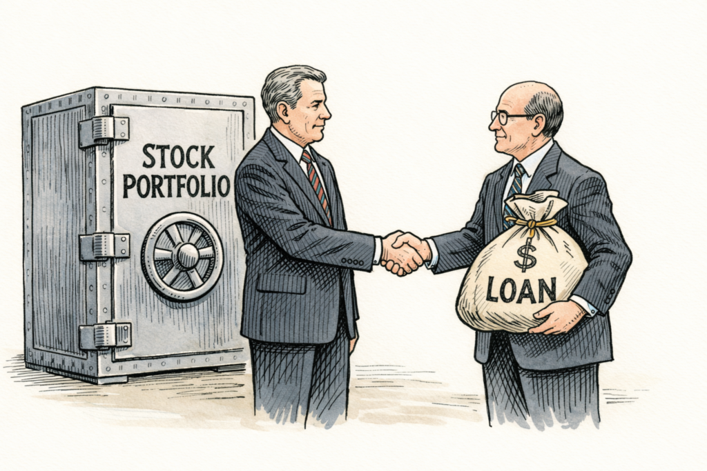 illustration of two executives shaking hands beside a vault labeled “stock portfolio,” symbolizing a strategy to borrow against stock without selling assets, with one holding a bag labeled loan to represent liquidity access