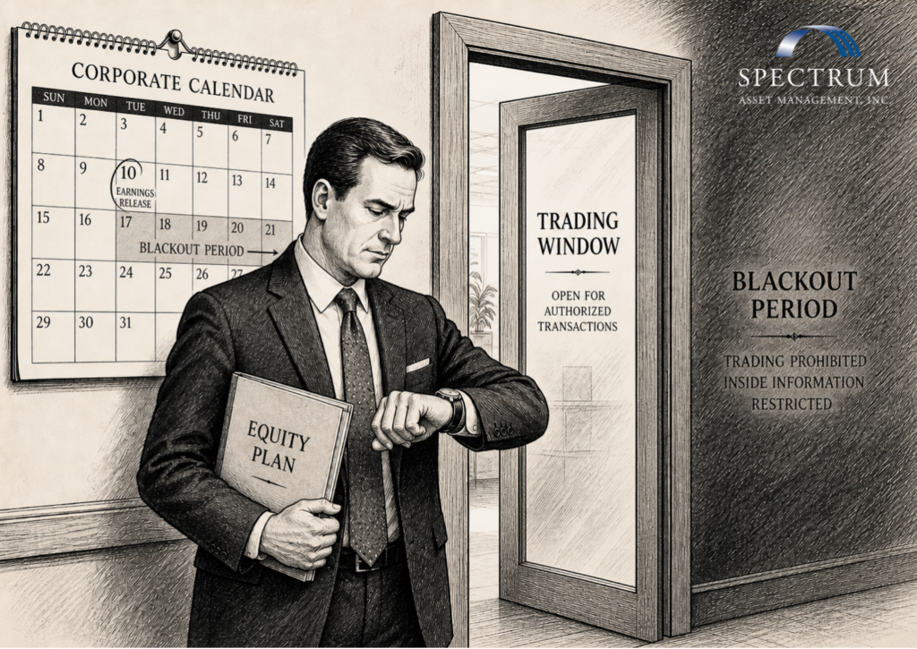 Corporate executive reviewing blackout period planning, trading windows, and equity plan timing before an insider stock transaction.