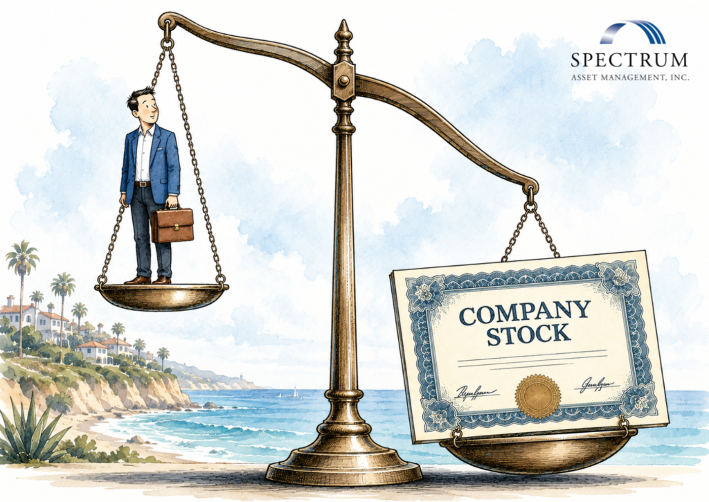 Cartoon of an executive lifted off a balance scale by an oversized stock certificate, illustrating executive compensation portfolio strategy.