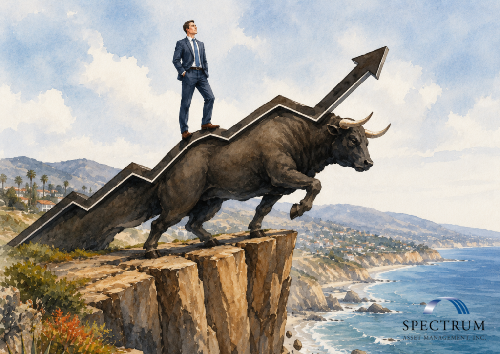 Watercolor illustration showing a public company executive standing on a rising bull-market chart above a steep California coastal cliff, symbolizing concentration risk in bull markets and the hidden risks of concentrated employer stock exposure, RSUs, and executive financial planning in Newport Beach.