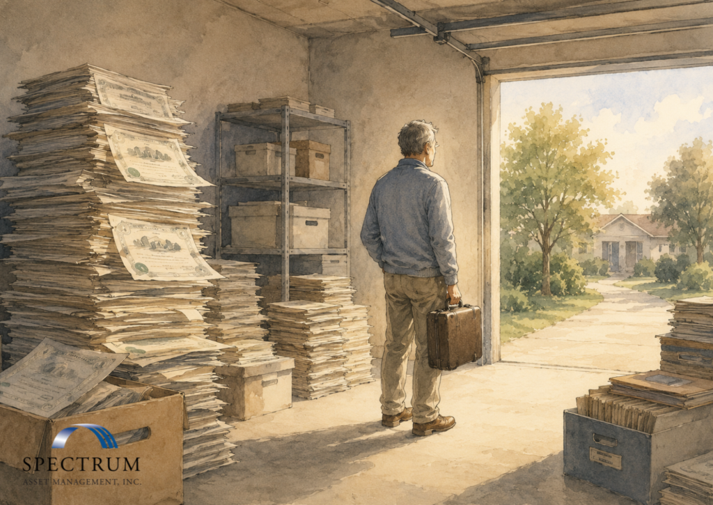 Retirement planning equity compensation concept: executive in garage with stacks of stock certificates looking out toward home and retirement