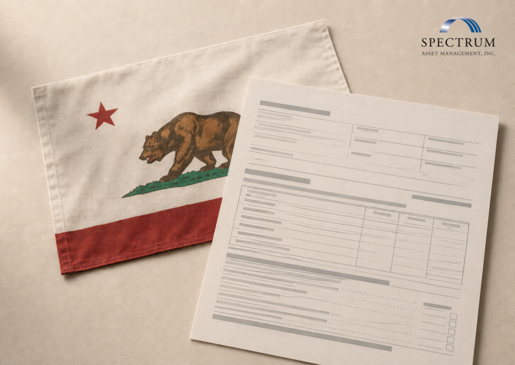 California state flag beside a tax form representing tax planning for equity compensation under California residency rules