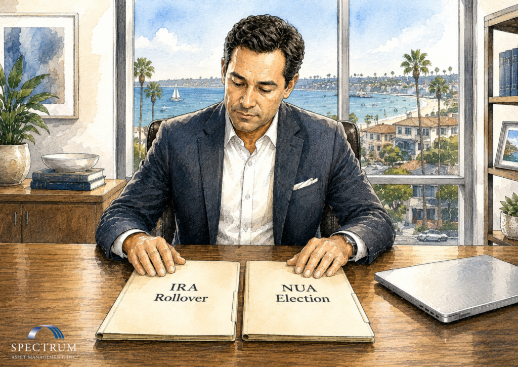 Executive reviewing IRA rollover and NUA election folders at desk, weighing net unrealized appreciation tax strategy for company stock in 401(k).