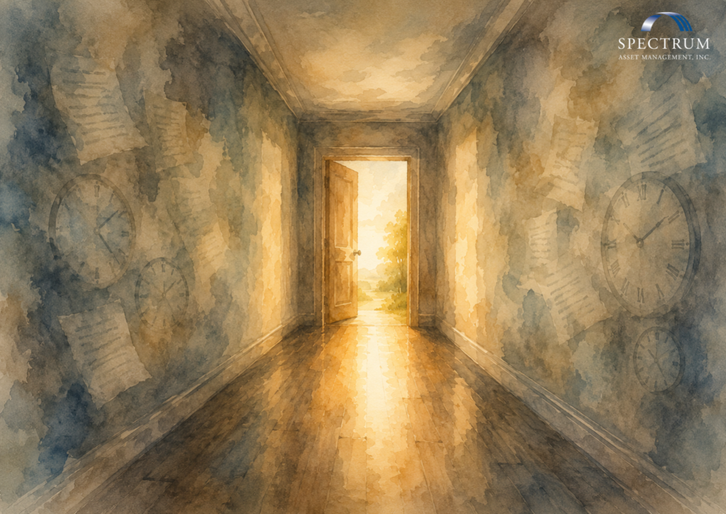 An illustration representing what happens to equity compensation when you leave a company, showing an open door with warm light and faint document shapes in a quiet hallway.