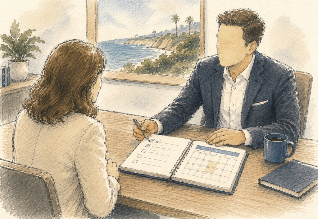 Financial advisor and executive client reviewing a mid-year equity compensation checklist and calendar during an advisory meeting