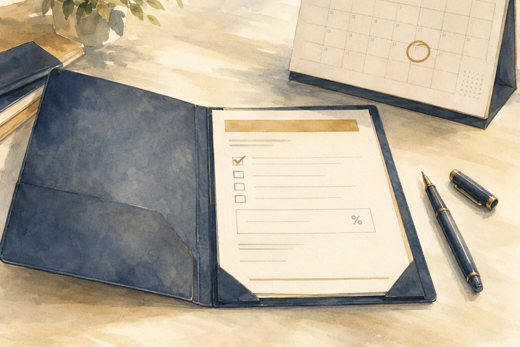 Watercolor illustration of a deferred compensation election form and pen beside an enrollment deadline calendar