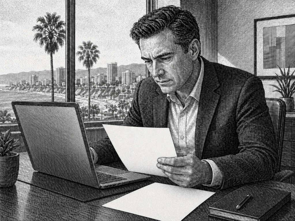 Executive reviewing ISO alternative minimum tax documents at desk with Southern California coastal view