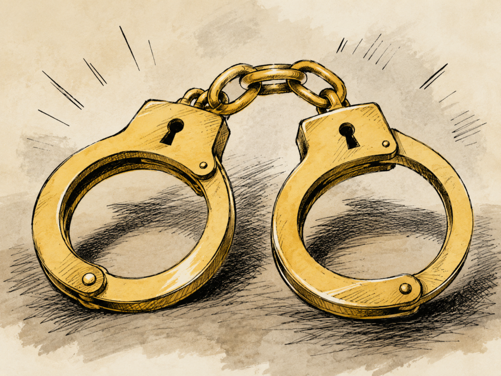  Ink and watercolor illustration of executive golden handcuffs, a pair of gold handcuffs representing unvested equity that keeps senior leaders in place