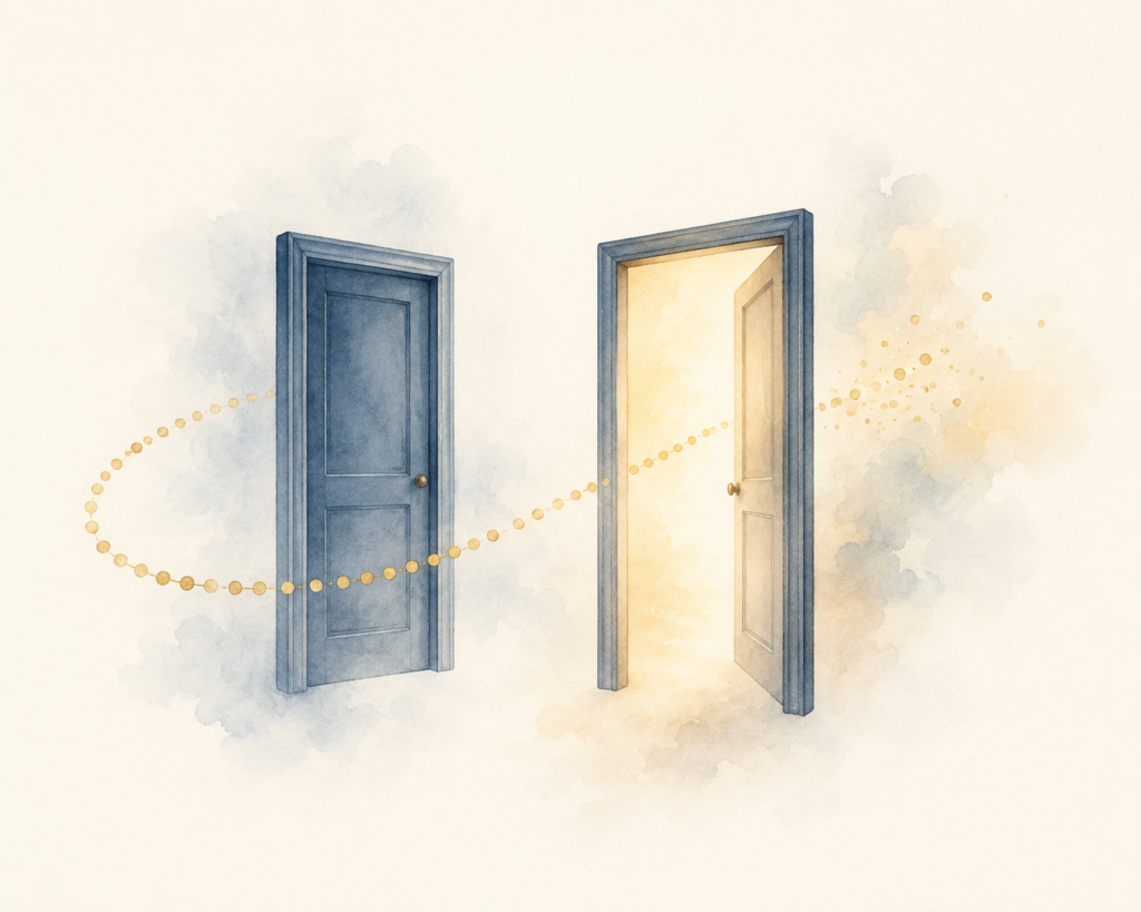 Abstract illustration of coins arcing past a closed door and through an open one, symbolizing the backdoor Roth IRA