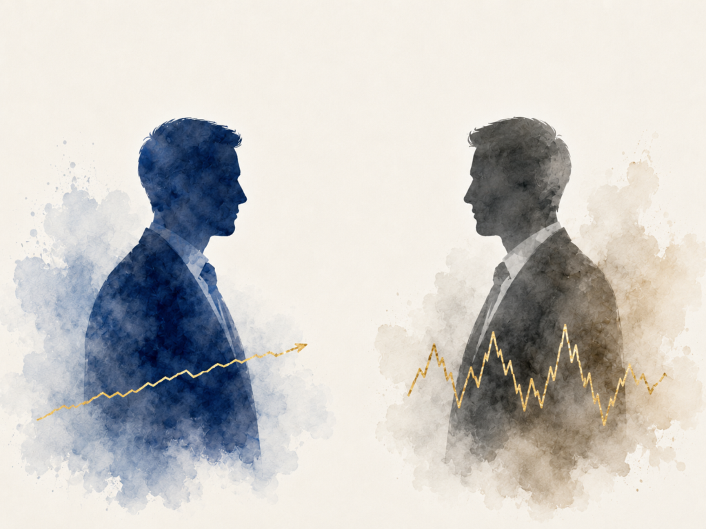 Abstract illustration of sequence of returns risk showing two identical investors with different investment outcomes