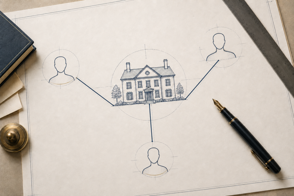 Blueprint diagram showing an estate connected to three heirs, representing concentrated stock trust and wealth transfer planning