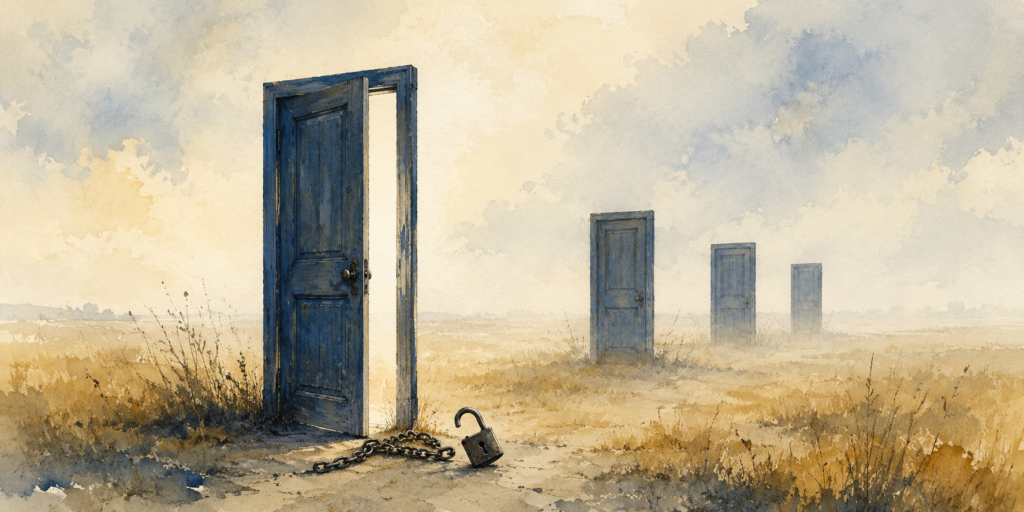 Watercolor illustration of an unlocked door with three closed doors behind it, symbolizing IPO lockup expiration