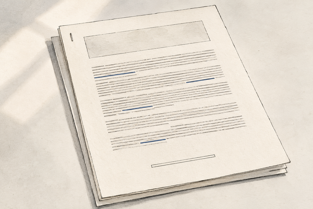 Ink and watercolor illustration of a formal document resting on a desk, with several passages underlined in blue, representing a company insider trading policy filed as Exhibit 19.