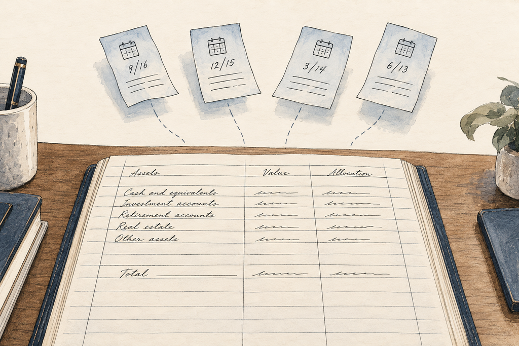 Unvested RSUs shown as four dated slips floating above a net worth statement, illustrating why unvested RSU balances belong on a cash flow projection instead.
