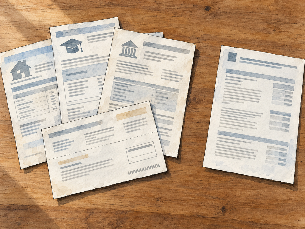 Mortgage, tuition, and property tax bills beside an account statement representing what a household holds outside company stock