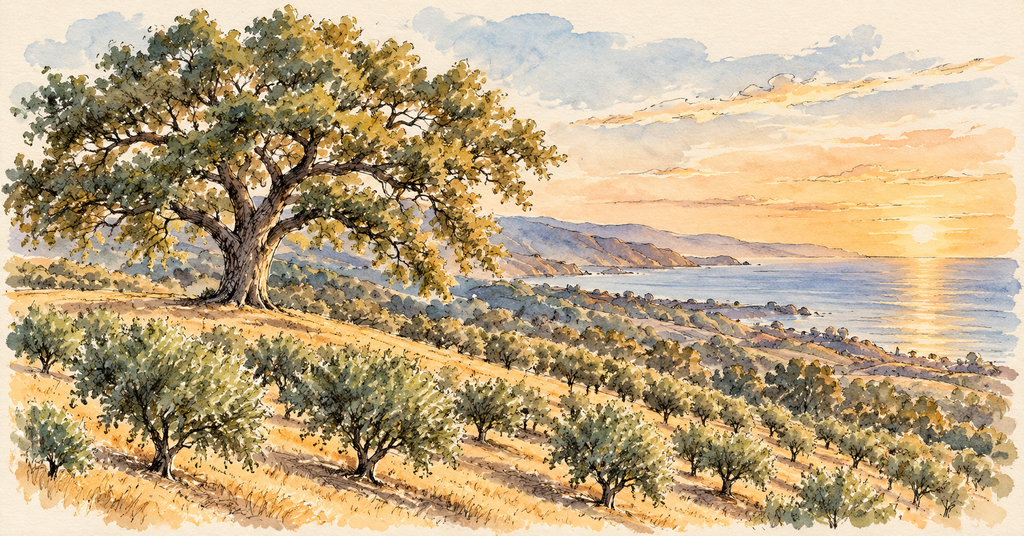 Wealth preservation illustration: a mature oak tree beside rows of young orchard trees on a California coast hillside