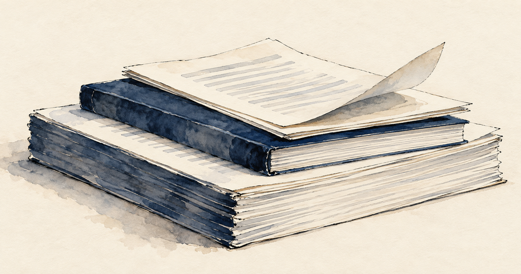 Ink-and-watercolor illustration of three stacked legal documents, representing the paperwork that decides what happens to RSUs when a company is acquired.